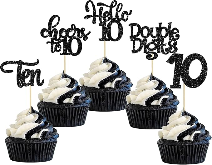 30Pcs 10th Birthday Cupcake Toppers Ten Double Hello 10 Cupcake Picks Cheers to 10 Years Old Cake Decorations for 10th Birthday Party Supplies Black Glitter