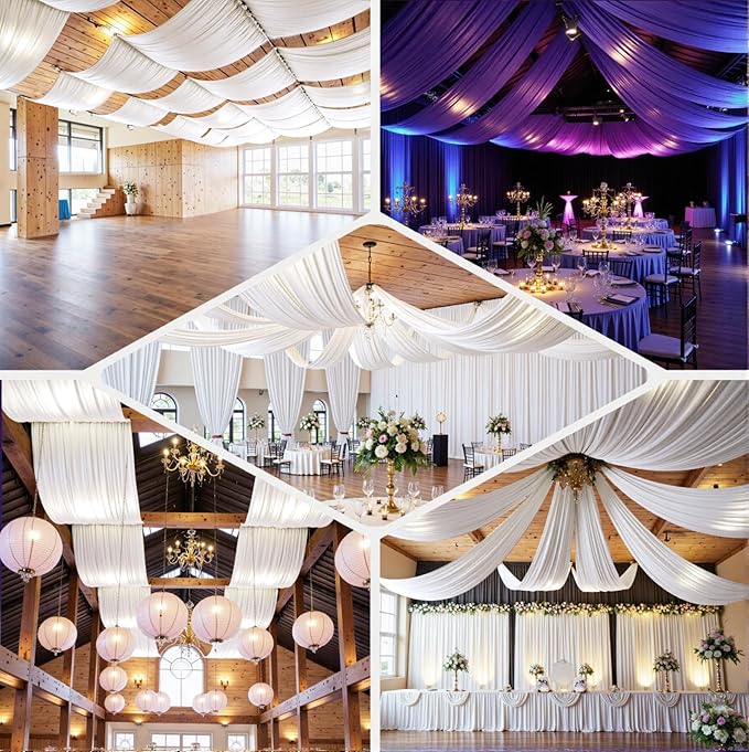 PartyVillage 10ftx40ft White Ceiling Curtain for Wedding Parties – 2 Panels Wrinkle-Free 40 FT Long Tent Draping Curtains for Wedding, Birthday & Theme Parties, 40ft Height with Rod Pocket