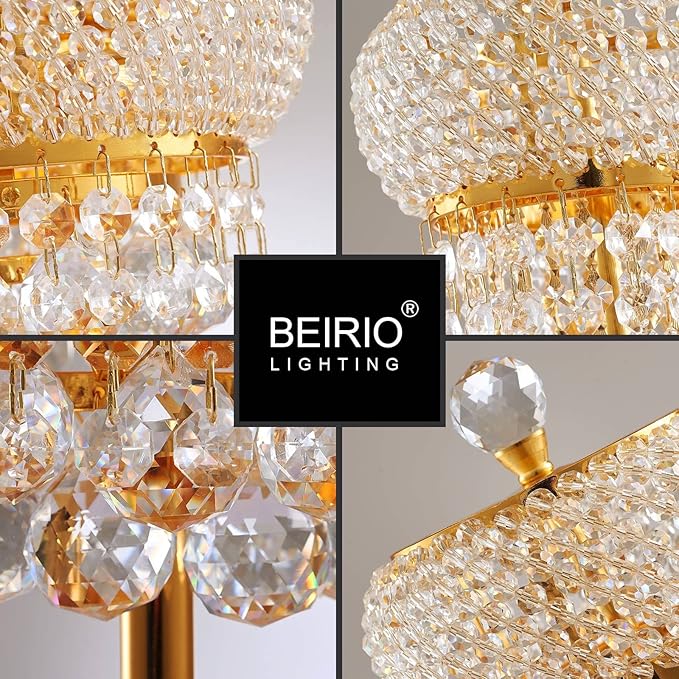 6-Lights Golden Finish Classic Empire Style K9 Crystal Ball Bedside Desk Table Lamp Night Light Fixture for Living Room Dining Room Bedroom Office Home Table Decoration (W 10 × H 22 inch)