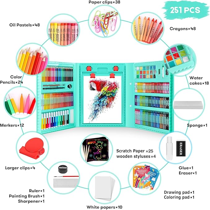 Back to School Supplies for Kids Teen Girls Boys, Art Set Case with Trifold Easel, Scratch Paper, Sketch Pad, Coloring Book, Crayons, Pencils, Oil Pastels, Watercolors, Sharpener