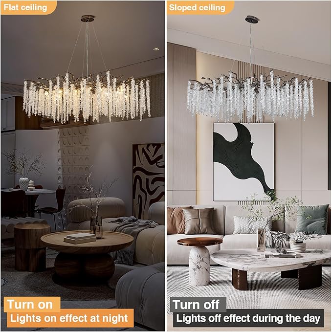 YUYI 47.2'' Modern Crystal Chandeliers for Dining Room,Black Luxury Round Tree Branches Chandelier Lighting,High Ceiling Chandelier Light Fixture Hanging Pendant Light Fixtures
