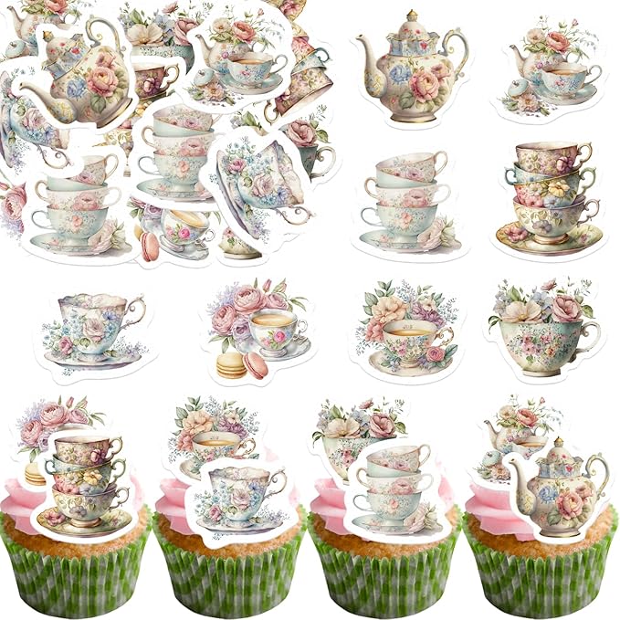 45PCS Edible Tea Party Cupcake Toppers Wafer Paper Teapot Teacup Cupcake Toppers Floral Tea Time Cake Picks Afternoon Tea Decorations for Tea Party Theme Baby Shower Decor Supplies