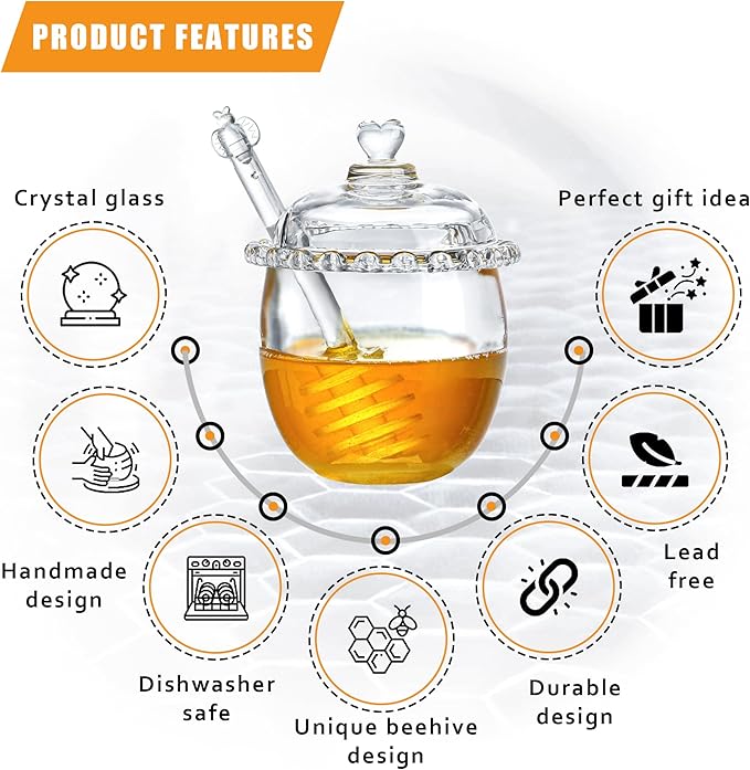 Kanpura Glass Honey Jar with Dipper and Lid, 6oz Crystal Honey Dispenser, Containers for Home Kitchen