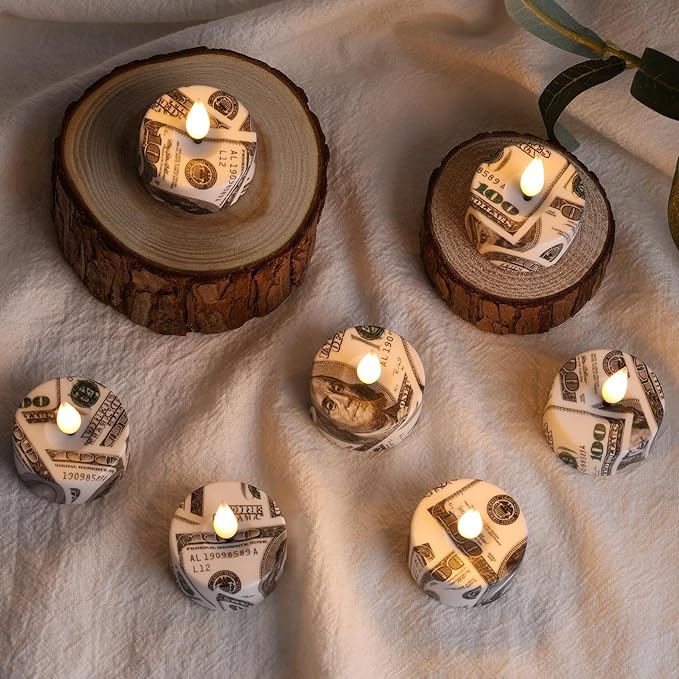 Eywamage Patriotic Flameless Tealights with Remote Batteries, Flickering US Dollar LED Tea Votive Candles Set of 12