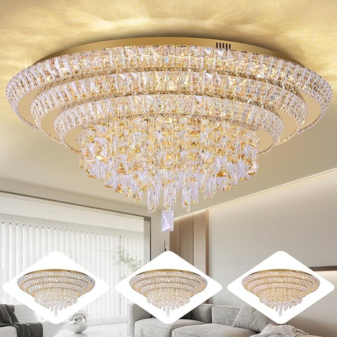 30 inch Crystal Gold Ceiling-Light Flush Mount with Remote Control and APP, 3CCT Dimmable & Brightness Adjustable, Modern Crystal Raindrop Chandeliers for Bedroom Hallway Dinning Room Living Room