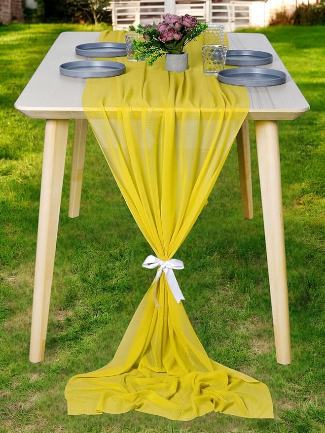 MDS 2 Pack 10ft Chiffon Table Runner 29 x 120 Inches Sheer Wedding Runner Romantic Rustic Table Runner for Wedding Decorations, Birthday Parties, Bridal Shower Party Arch Decor - Yellow