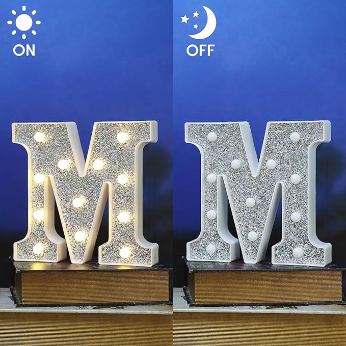 Light Up Marquee Letters for Table Decorations, Glitter Signs for Prom, Events, or Engagement Party Decor, Featuring Alphabet & Number Lighted Letters, Letter M