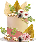 Gyufise 22Pcs Rose Artificial Flower Leaves Cake Topper Decorations Gold Balloon Cake Toppers Leaf Paper Palm Fan Cake Picks for DIY Wedding Birthday Valentine's Day Party Decorations Supplies Beige