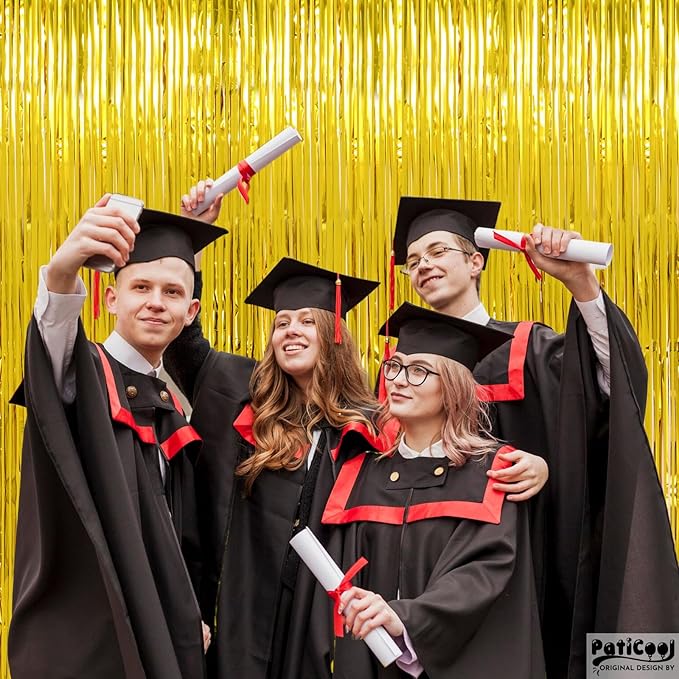 Christmas Decorations Gold Streamers Thicken 4 Pack 3.2 x 8.2 FT - Golden Tinsel Foil Fringe Backdrop Curtains Party Backdrop for Birthday, Prom, Hollywood, Anniversary Party Decorations