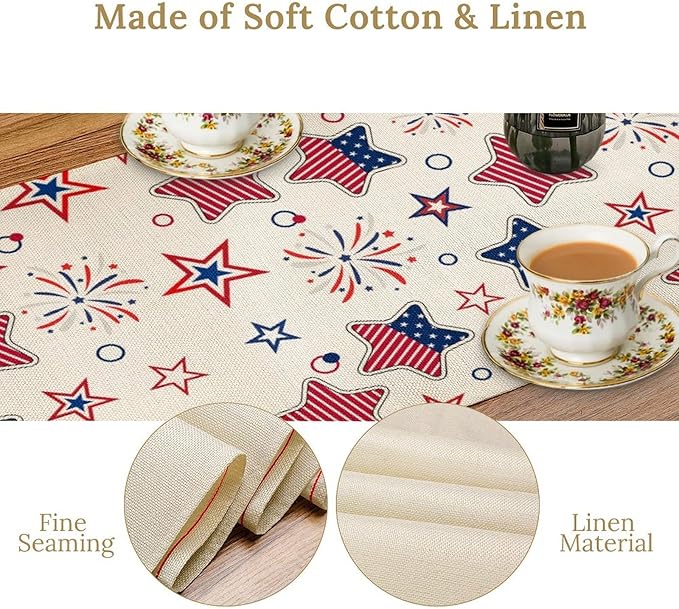 4th of July Table Runner, American Patriotic Independence Day Red Blue White Stars Stripes Fireworks Print Table Runner for Home Party Decor Kitchen Dining Table, 13x108inch