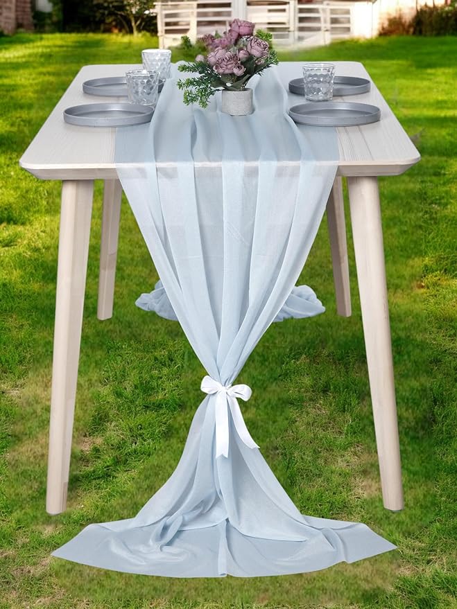 MDS 15 Pack 10ft Chiffon Table Runner 29 x 120 Inches Sheer Wedding Runner Romantic Rustic Table Runner for Wedding Decorations, Birthday Parties, Bridal Shower Party Arch Decor - Baby Blue