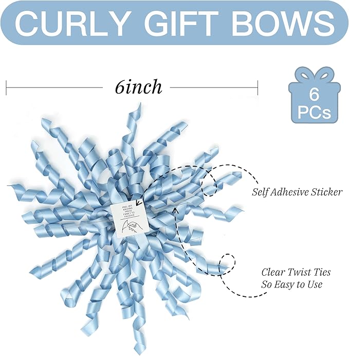6 Inch Dusty Blue Curly Bows for Gift Wrapping Set of 6, Self Adhesive Bows French Blue Gift Bows for Presents, Satin Ribbon Bows for Birthday, Wedding, Christmas, Bridal Shower