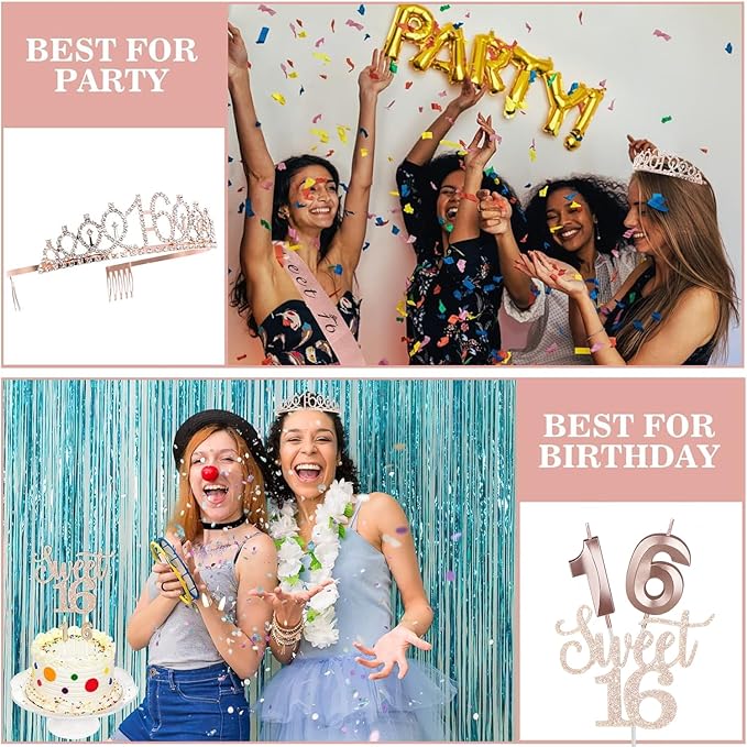 Sweet 16 Party Decorations for Girls Including Sash and Tiara, Cake Topper and Candles, 16th Birthday Decorations for Girls, Sweet Birthday Gifts Party Favor Supplies