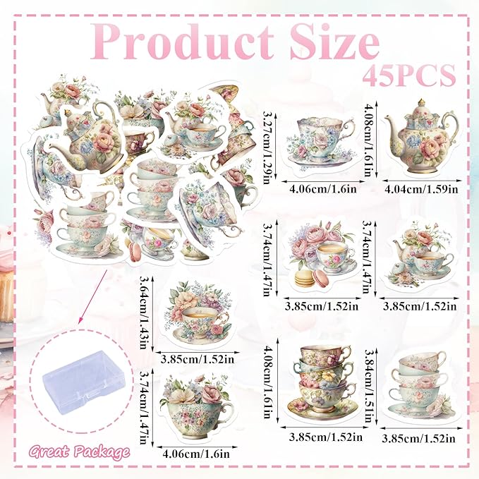45PCS Edible Tea Party Cupcake Toppers Wafer Paper Teapot Teacup Cupcake Toppers Floral Tea Time Cake Picks Afternoon Tea Decorations for Tea Party Theme Baby Shower Decor Supplies