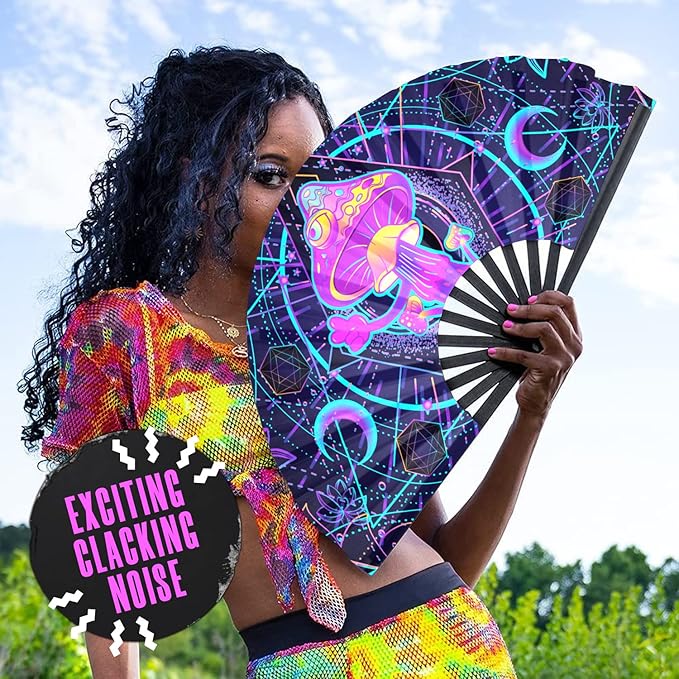 GloFX Rave Fan - UV Mushroom - Large Folding Fan - Music Festival Essential, EDM Rave Accessories, Folding Hand Fan, Clack Fan