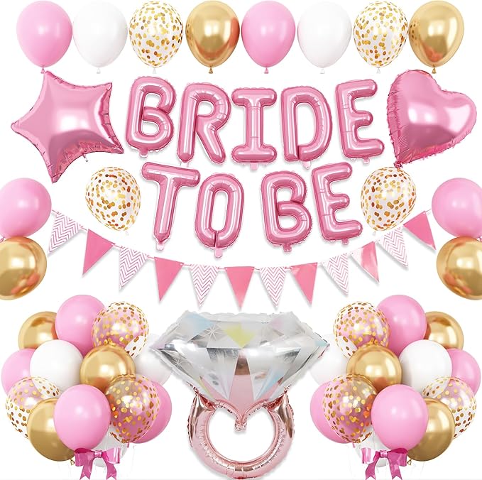 Pink and Gold Bachelorette Party Decorations, Pink Bride To Be Bridal Shower Balloons Decorations, Pink Gold Confetti Balloons with Diamond Ring Star Heart Balloon for Bachelorette Engagement Wedding