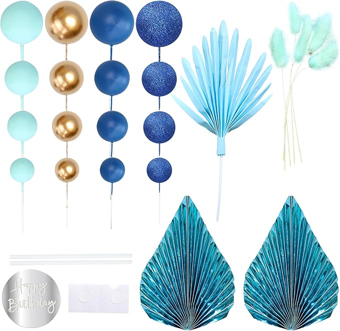 Ephlyn 33 Pack Balls Cake Toppers Boho Palm Leaves Cake Decorations Round Acrylic Happy Birthday Cupcake Toppers for Birthday Wedding Baby Shower Party Supplies Blue