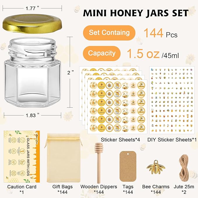 144Pcs 1.5 oz Mini Hexagon Glass Honey Jars with Dippers, Gold Lids, Bee Stickers, Bee Charms, Gift Bags & Jute–Empty Small Honey Jars for Party Favors Bulk, Ideal for Baby Showers ＆ Weddings