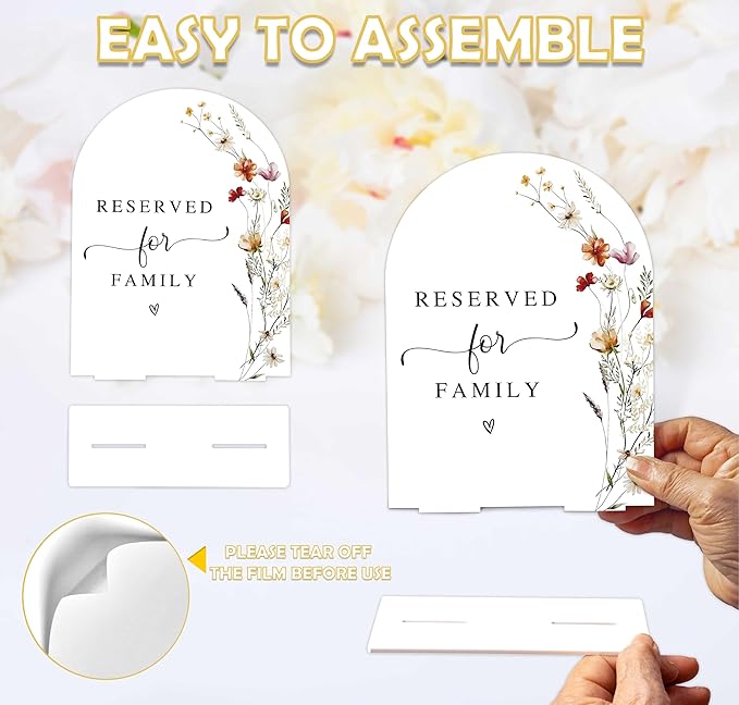Boho Floral Reserved for Family Sign, 6 x 8 Inch White Arch Acrylic Wedding Sign with Holder, Wedding Sign for Ceremony and Reception, Wedding Decoration, Wedding Supplies - BX19