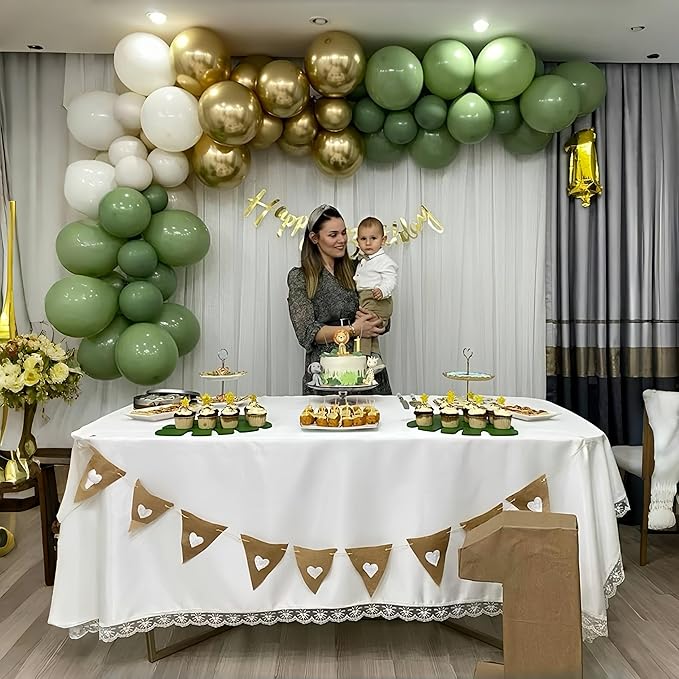 Sage Green and Gold Balloons, 12 Inch Olive Green White Metallic Gold Confetti Latex Balloons Set, Retro Green Gold Balloons for Girls Women Birthday Wedding Jungle Baby Shower Party Decorations