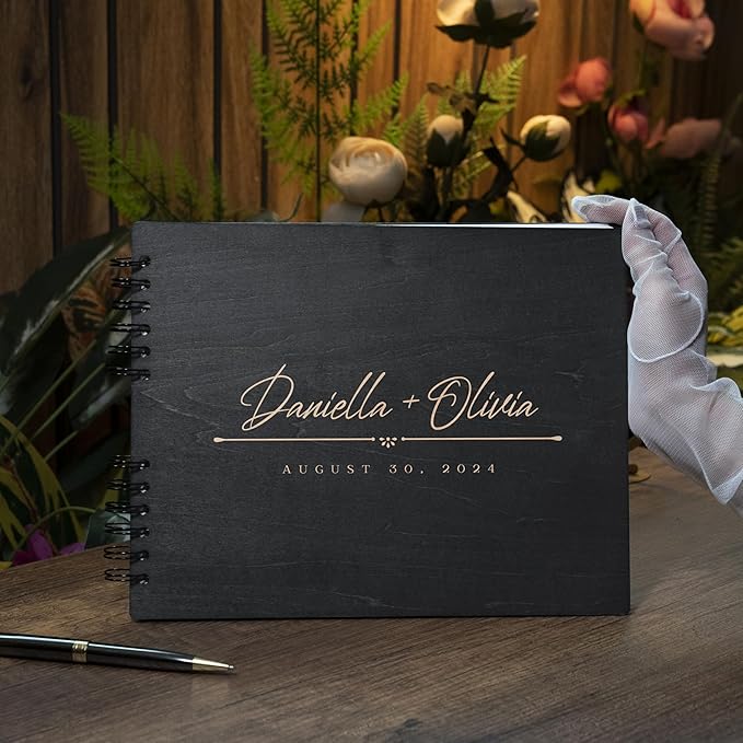 Personalized Wood Wedding Guest Book - 5 Colors/Finishings, 2 Sizes, 12 Designs - Wood Wedding Decorations, Guest Book Signs for Wedding Reception (DESIGN 6)