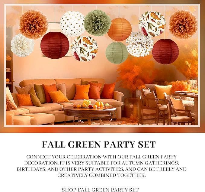 NICROLANDEE Fall Wedding Decorations, 12 PCS Orange Maple Leaf Paper Lanterns Tissue Pom Poms for Thanksgiving Day Backdrop Decoration, Fall Baby Bridal Shower, Birthday, Autumn Harvest Party Decor