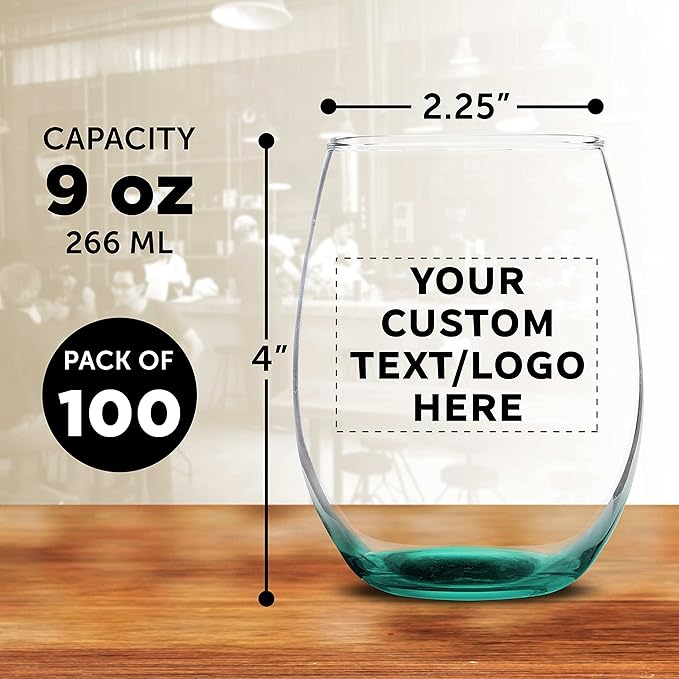 Custom Stemless Wine Glass 9 oz. Set of 100, Personalized Bulk Pack - Great for Wedding Favors, Bachelorette Party Decorations, Party Favors, Color Bottom - Green