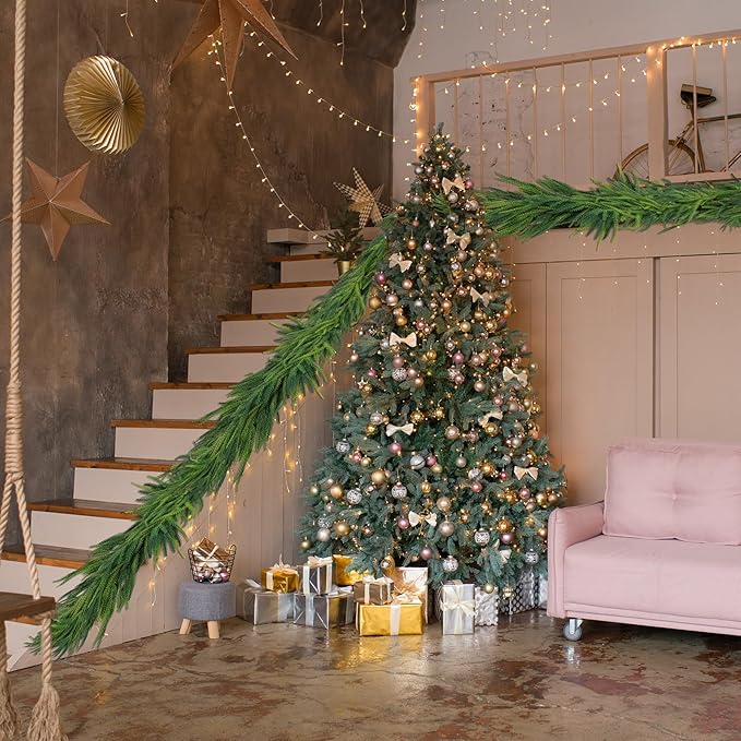 5 Pcs Artificial Norfolk Pine Garlands Christmas, 6 FT Dense Real Touch Winter Pine Garland Ornament, Green Artificial Greenery Garland for Table, Mantle, Wall, Indoor, Outdoor Christmas Decorations