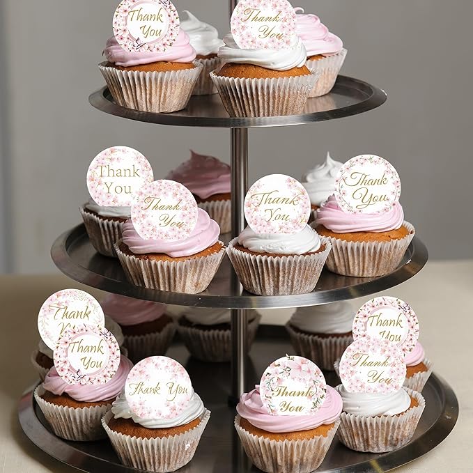 36PCS Edible Cherry Blossoms Thank You Cupcake Toppers Pink Edible Cherry Flowers Cake Decor Wafer Paper Thank You Cupcake Topper for Flowers Theme Baby Shower Birthday Party Decor Supplies