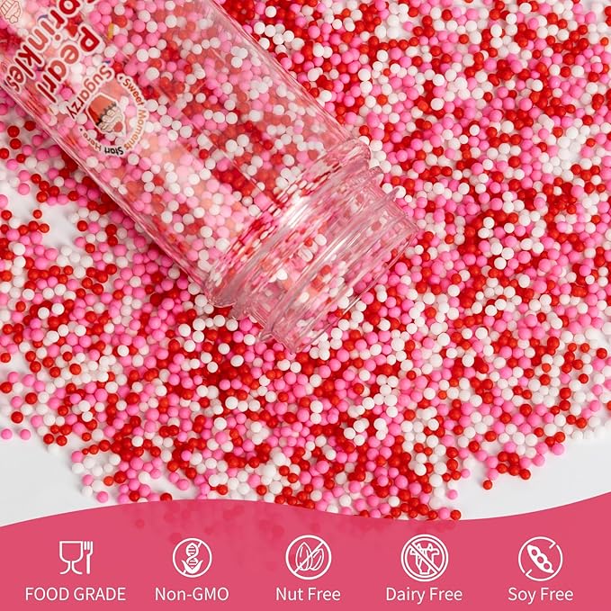 Edible Pearl Sprinkles,Nonpareils Pink White and Red Mix,Cute Pearls Cake Candy,Mini Sugar Sprinkles for Decorations Baking,Cake Ice Cream Cookies Cupcake Toppe Chocolate,Birthday Wedding Valentines Christmas Supplie 130g/4.58oz