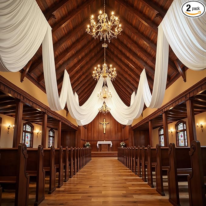 PartyVillage 2 Panels 5ftx30ft White Ceiling Drapes for Wedding Parties – 30 FT Extra Long Thick Polyester Wrinkle-Free Drapery Tent Decor Decorations for Birthday Party Ceremony Stage Swag