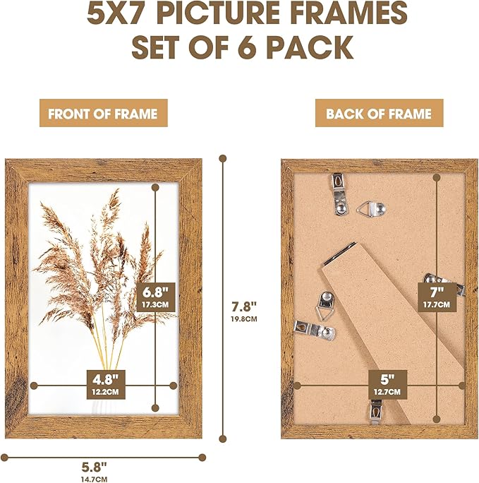 TWING 5x7 Picture Frames Set of 6, Rustic Photo Frames Collage for Wall Decor Mounting or Table Display,Home Decorative Wall Gallery Picture Photo Frame Wood Brown,Walnut