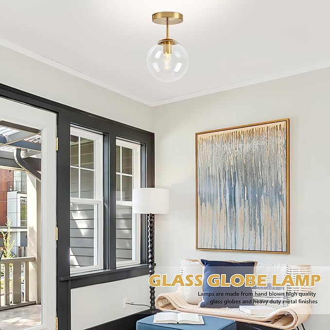 Globe Semi Flush Mount Ceiling Light, Clear Glass with Brass Finish, Contemporary Mid Century Modern Style Lighting Fixture Gold(12W 2700K LED Corn Bulb Included)