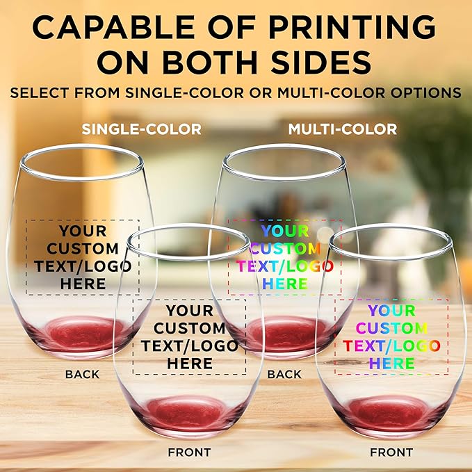 Custom Stemless Wine Glass 9 oz. Set of 10, Personalized Bulk Pack - Great for Wedding Favors, Bachelorette Party Decorations, Party Favors, Color Bottom - Red