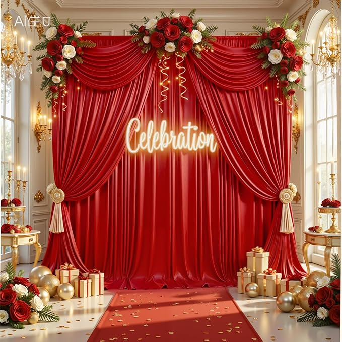 PartyVillage 10x10FT Red Sequin Christmas Backdrop Curtain -2 Panels 5x10FT Wrinkle Free Shimmer Back Drop Cloth, Glitter Backdrop Drapes for Photography, Birthday, Wedding, Christmas Background