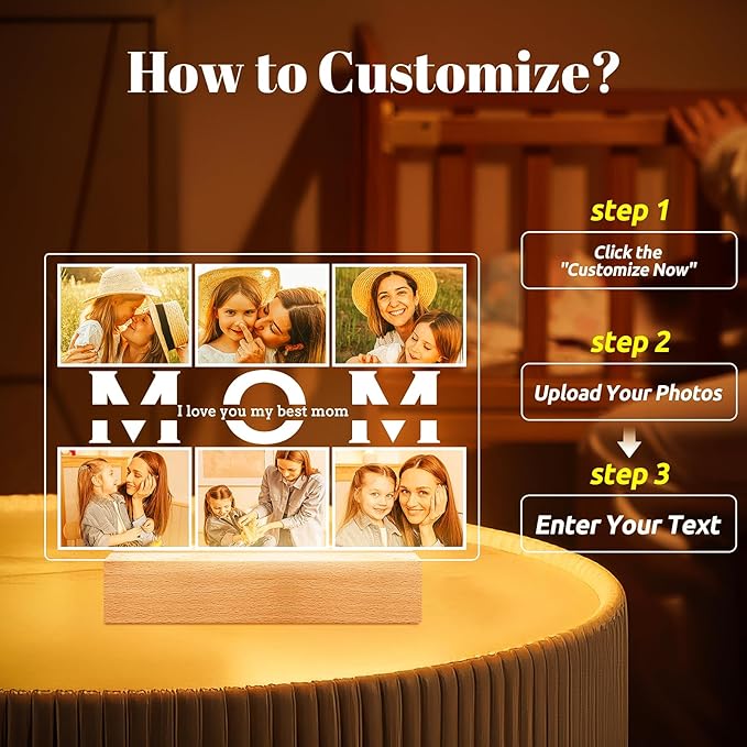Personalized Birthday Gifts for Mom from Daughter Son, Custom Collage Picture Frames with Photos, Customized MOM Photo Frame with Night Light, Personalized Gifts for Mom Kids Baby Family