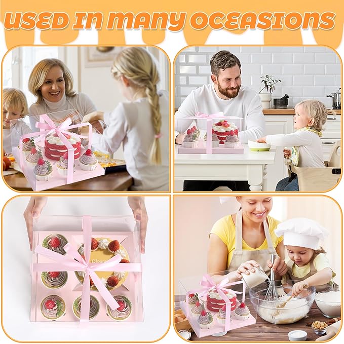 JCD 3 Packs Pink 1+5 Cupcake Containers with Gift Ribbon Cake and Cupcake Combo Bento Boxes with Clear Lid and 5 Cupcake Holes Pastry Sweets Bento Box(Pink 1+5/3Pcs)