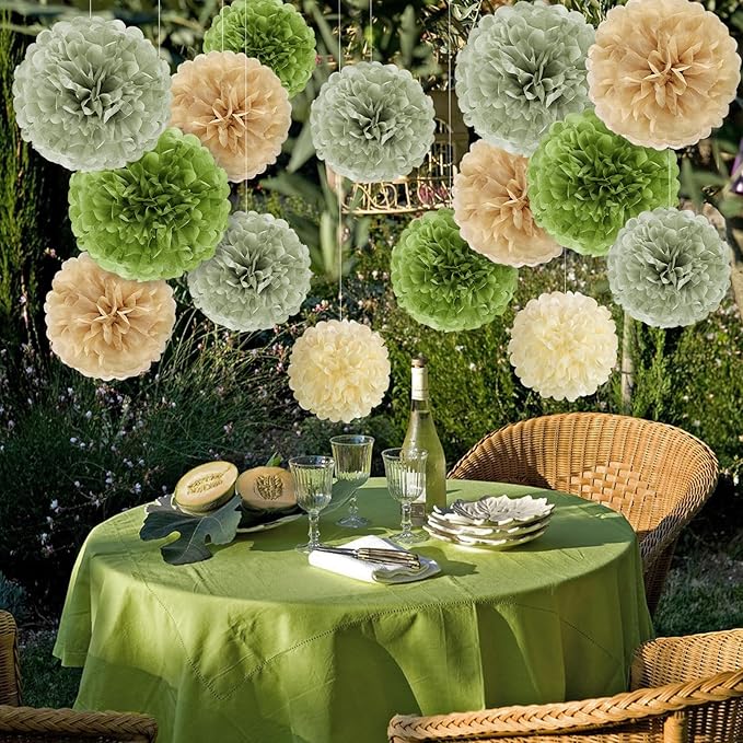 Olive Sage Green Tissue Paper Pom Poms Safari Jungle Party Decorations Paper Flowers Decorations Natural Green Boho Hanging Décor for Birthday Baby Shower Bridal Wedding Party Supplies