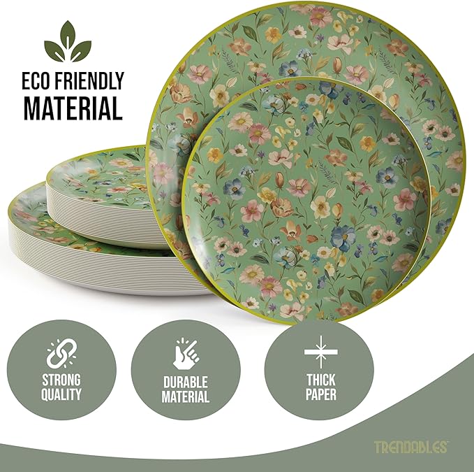 Trendables Heavy Duty Paper Plates Set For 16 Guests - 16 Each Of 8-inch And 10-inch Disposable Plates For Party - Fancy 32 Piece Dinnerware Set For All Occasions | Floral Design, Bouyant