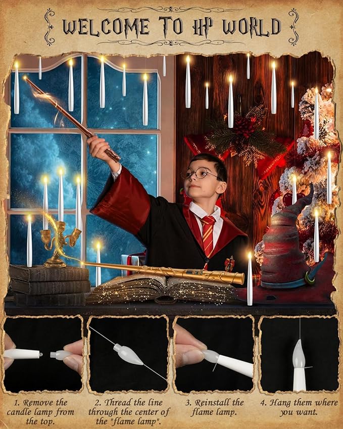 Floating Candles with Wand - 18 Pcs Halloween Decorations Magic Flameless Candles Flickering Warm Light Battery Operated LED Hanging Candles for Christmas Window Bedroom Birthday Party Decor