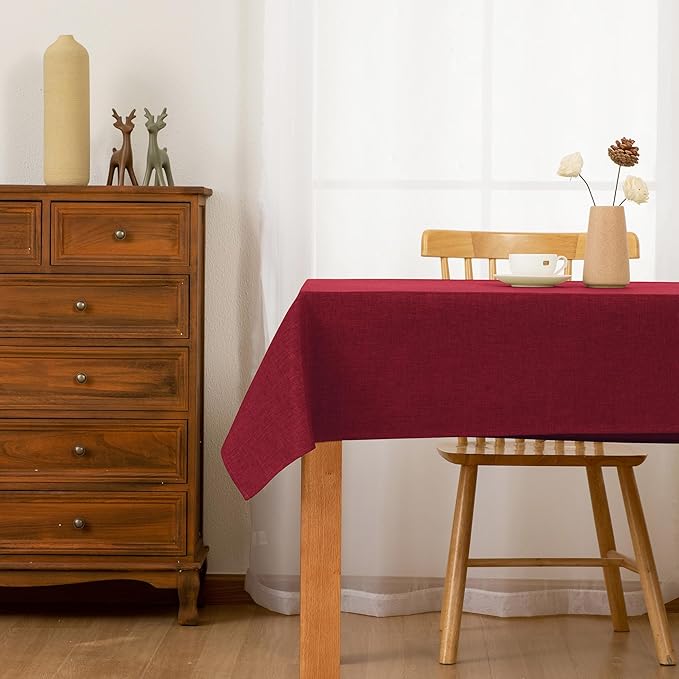 Hiasan Faux Linen Rectangle Tablecloth - Wrinkle and Stain Resistant Washable Table Cloth for Kitchen Dining Room Holiday Table Cover for Dinner, Red, 90 x 132 Inch