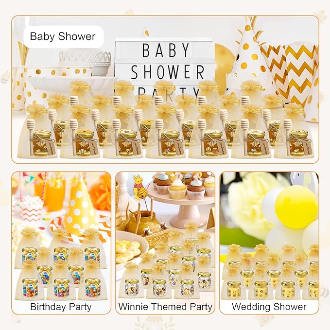 144Pcs 1.5 oz Mini Hexagon Glass Honey Jars with Dippers, Gold Lids, Bee Stickers, Bee Charms, Gift Bags & Jute–Empty Small Honey Jars for Party Favors Bulk, Ideal for Baby Showers ＆ Weddings