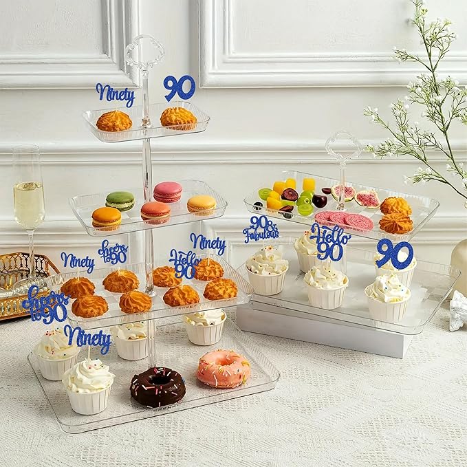 30pcs Happy 90th Birthday Cupcake Toppers - Deep Blue Glitter Ninety Cheers to 90 Years Old Cupcake Picks for Anniversary Party Cake Decorations