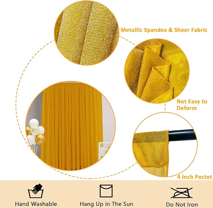 10ft x10ft Gold Metallic Spandex Backdrop Drapes Curtains, 1 Panel Glitter Sheer Photography Background, Stretchy Spandex Fabric for Wedding, Party, Baby Shower, Photo Booth Decor