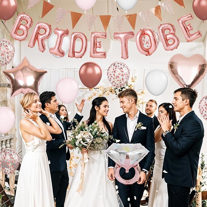 Rose Gold Bachelorette Party Decorations, Bride To Be Bridal Shower Balloons Decorations, Pink White Rose Gold Confetti Balloons and Diamond Ring Star Heart Balloon for Bachelorette Engagement Wedding
