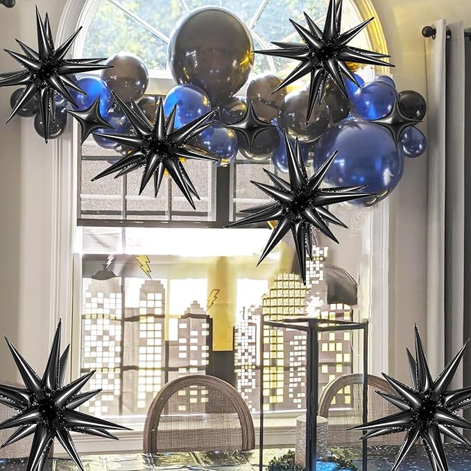 6 Pcs Explosion Star Foil Balloons- 12 Point Star Balloons,Black Spike Balloon and 10Pcs Four Pointed Balloon for Party Supplies Christmas Birthday Wedding Photo Booth