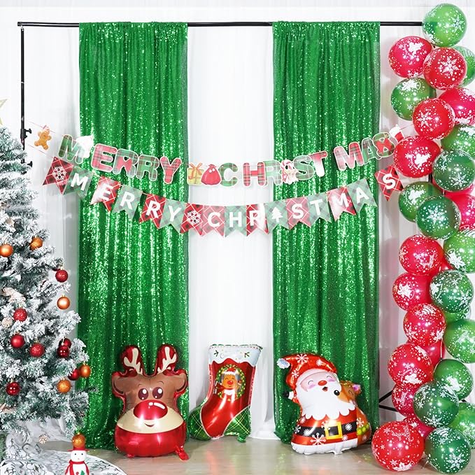 Poise3EHome 2Pcs 3Ft x 8Ft Green Sequin Backdrop Curtain, Glitter Photography Background, Sequence Xmas Thanksgiving Backdrop