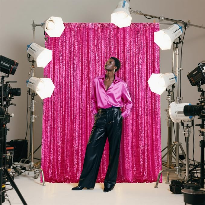 Fuchsia Sequin Backdrop Curtain 4 Pieces 2FTx8FT Glitter Photography Backdrop for Party Wedding Birthday Christmas Decorations
