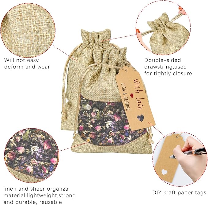GIOIPC 50Pcs 4 x 6 Inch Linen Burlap Sheer Bags with Drawstring and Bonus Gift Tags for Wedding Birthday Bag,Craft Bags,Cosmetic Samples