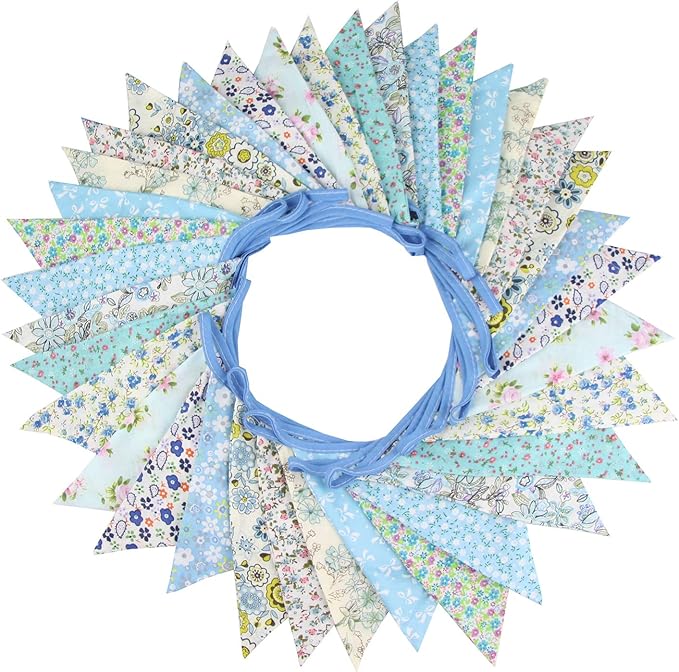 10M/32Ft Triangle Bunting Banner, 36 Pcs Cotton Fabric Flags Pennant Garlands for Birthday Party, Wedding, Baby Shower, Outdoor and Home Decorations (Blue)